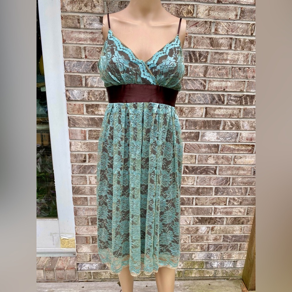 Turquoise & Brown Lace Late 00s B.Moss Collection Midi Dress